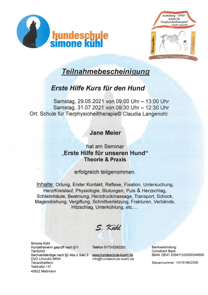 Zertifikat Erste Hilfe für unseren Hund